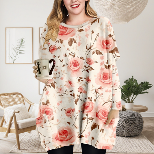 Romantic Pink Rose Print Round Neck Long Sleeve Top with Pockets