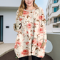 Romantic Pink Rose Print Round Neck Long Sleeve Top with Pockets