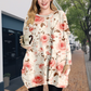 Romantic Pink Rose Print Round Neck Long Sleeve Top with Pockets
