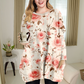 Romantic Pink Rose Print Round Neck Long Sleeve Top with Pockets
