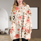 Romantic Pink Rose Print Round Neck Long Sleeve Top with Pockets