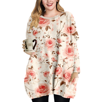 Romantic Pink Rose Print Round Neck Long Sleeve Top with Pockets