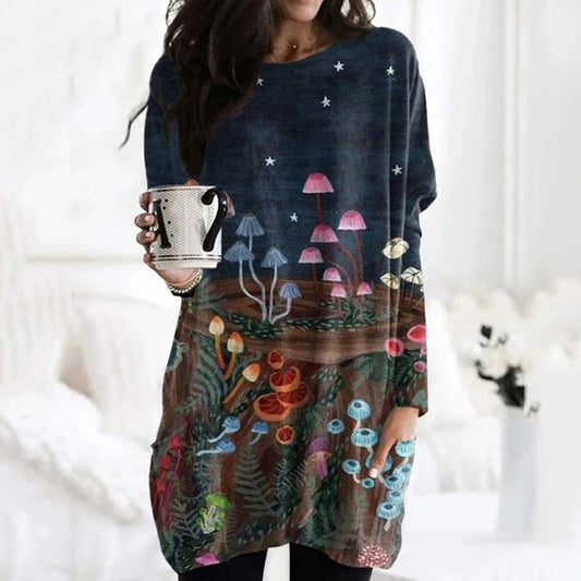Loose Printed Long Sleeve Midi Dress