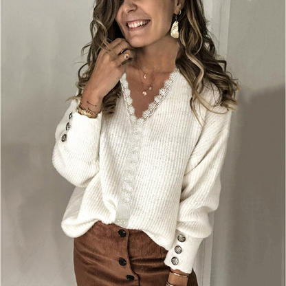 Solid-color Lace V-neck Long-sleeve Sweater
