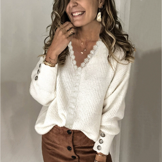 Solid-color Lace V-neck Long-sleeve Sweater