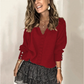Solid-color Lace V-neck Long-sleeve Sweater