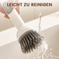 Rotatable cleaning brush with long handle, suitable for tableware and cookware.