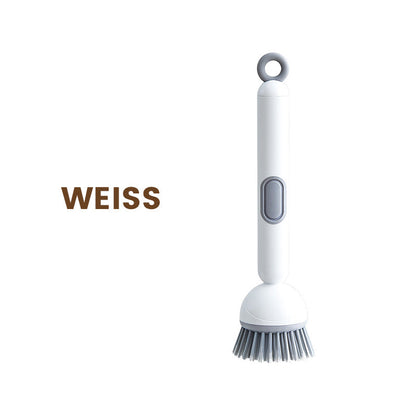 Rotatable cleaning brush with long handle, suitable for tableware and cookware.